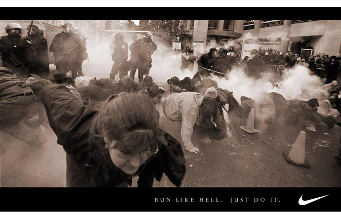 5/9 -  Spoofing a Nike advertisement after the Seattle WTO riots, 1999